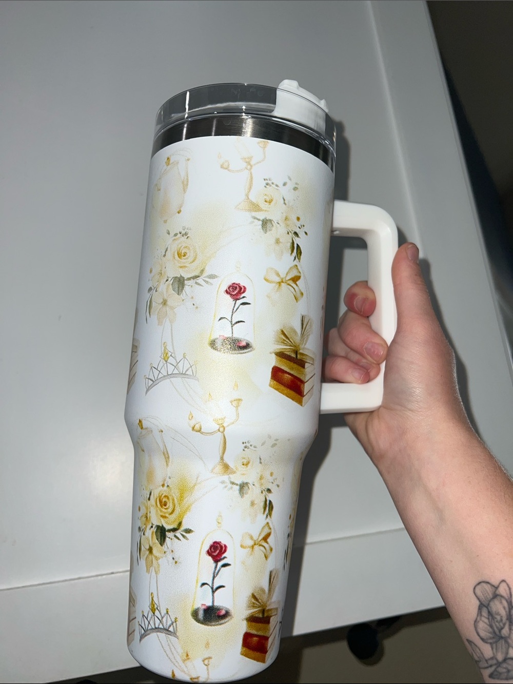 White Floral Rose Travel Tumbler with Handle (beauty and the beast inspired)